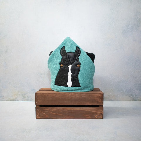 Black Horse on Teal Hooded Bath Towel